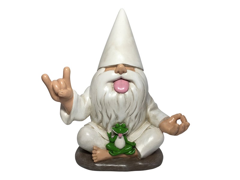 GlitZGlam Rocker Gnome George with Zen Frog - This Garden Gnome Combines Peace, Tranquility and Rock N Roll for Your Fairy Garden - Image 1